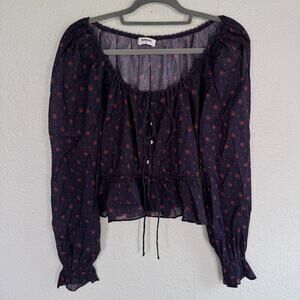 Rumored Top Women XS Floral Blouse Peplum Boho Peasant Cottage Core Dark Blue